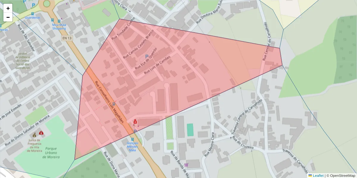 Mapa detalhado do código postal 4470-615 com limites, códigos postais vizinhos e agências dos correios