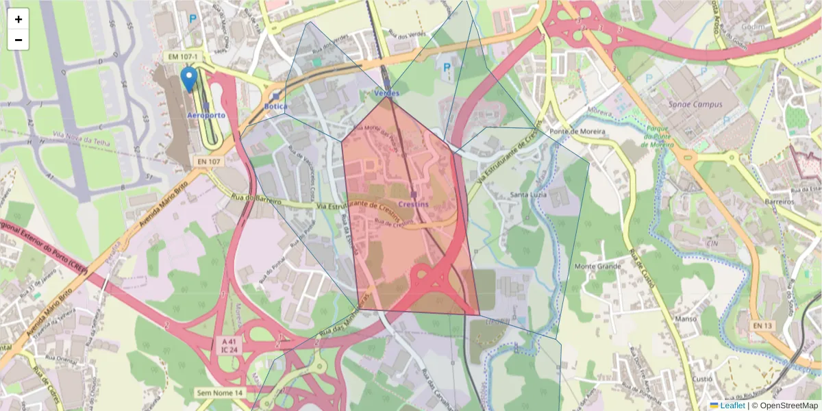 Mapa detalhado do código postal 4470-624 com limites, códigos postais vizinhos e agências dos correios