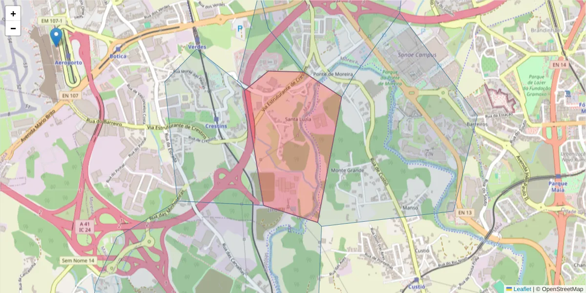 Mapa detalhado do código postal 4470-634 com limites, códigos postais vizinhos e agências dos correios