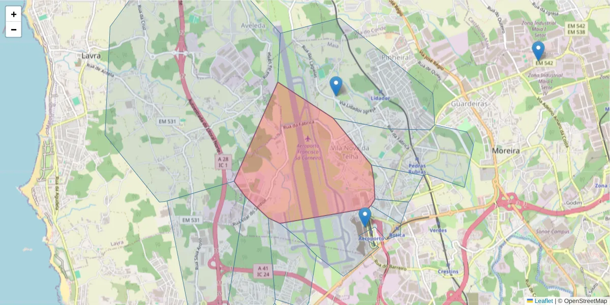 Mapa detalhado do código postal 4471-905 com limites, códigos postais vizinhos e agências dos correios