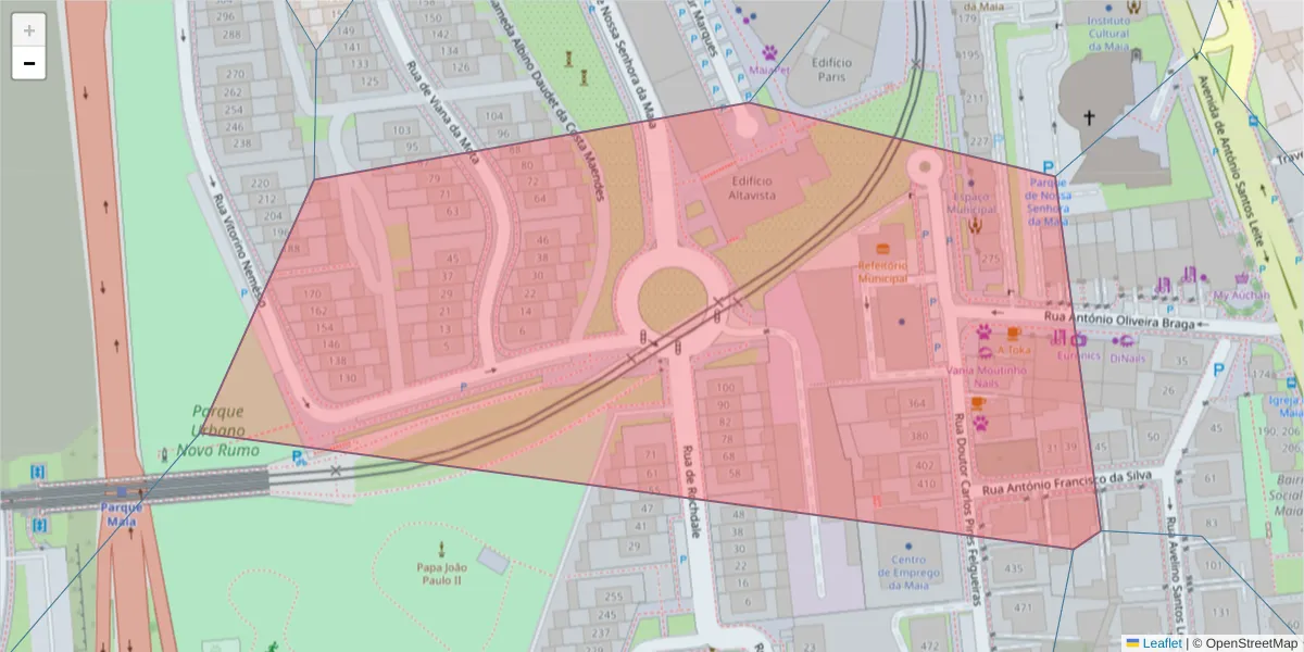 Mapa detalhado do código postal 4471-909 com limites, códigos postais vizinhos e agências dos correios
