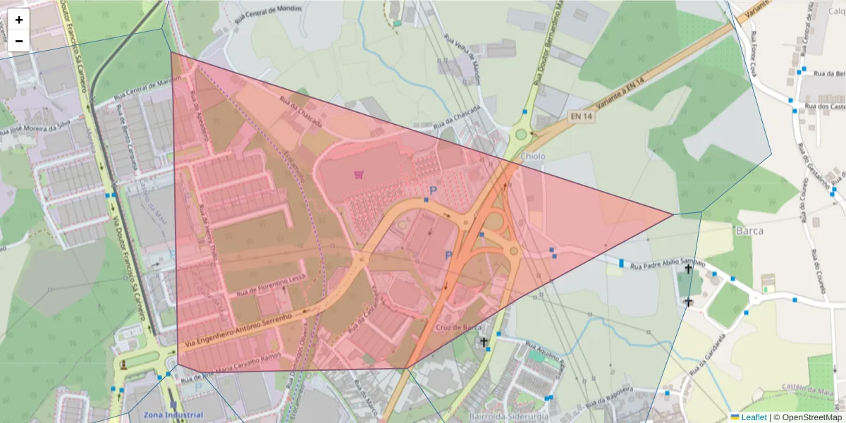 Mapa detalhado do código postal 4475-045 com limites, códigos postais vizinhos e agências dos correios