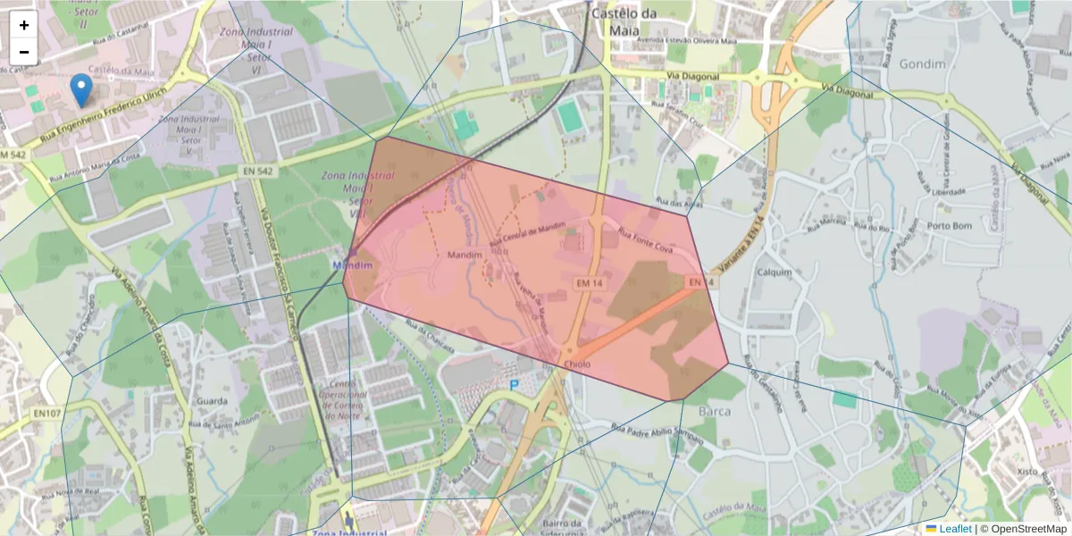 Mapa detalhado do código postal 4475-054 com limites, códigos postais vizinhos e agências dos correios