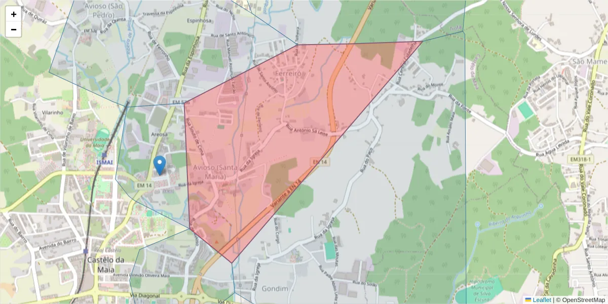 Mapa detalhado do código postal 4475-064 com limites, códigos postais vizinhos e agências dos correios