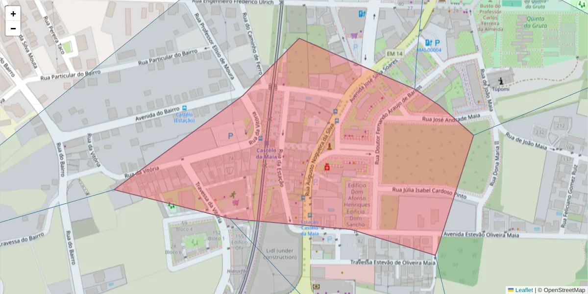 Mapa detalhado do código postal 4475-100 com limites, códigos postais vizinhos e agências dos correios