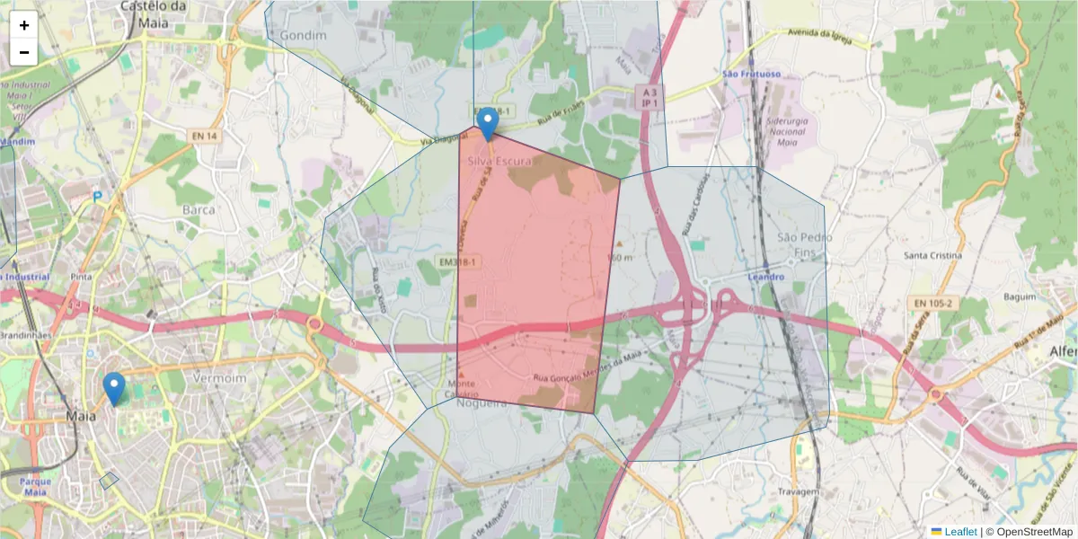 Mapa detalhado do código postal 4475-314 com limites, códigos postais vizinhos e agências dos correios