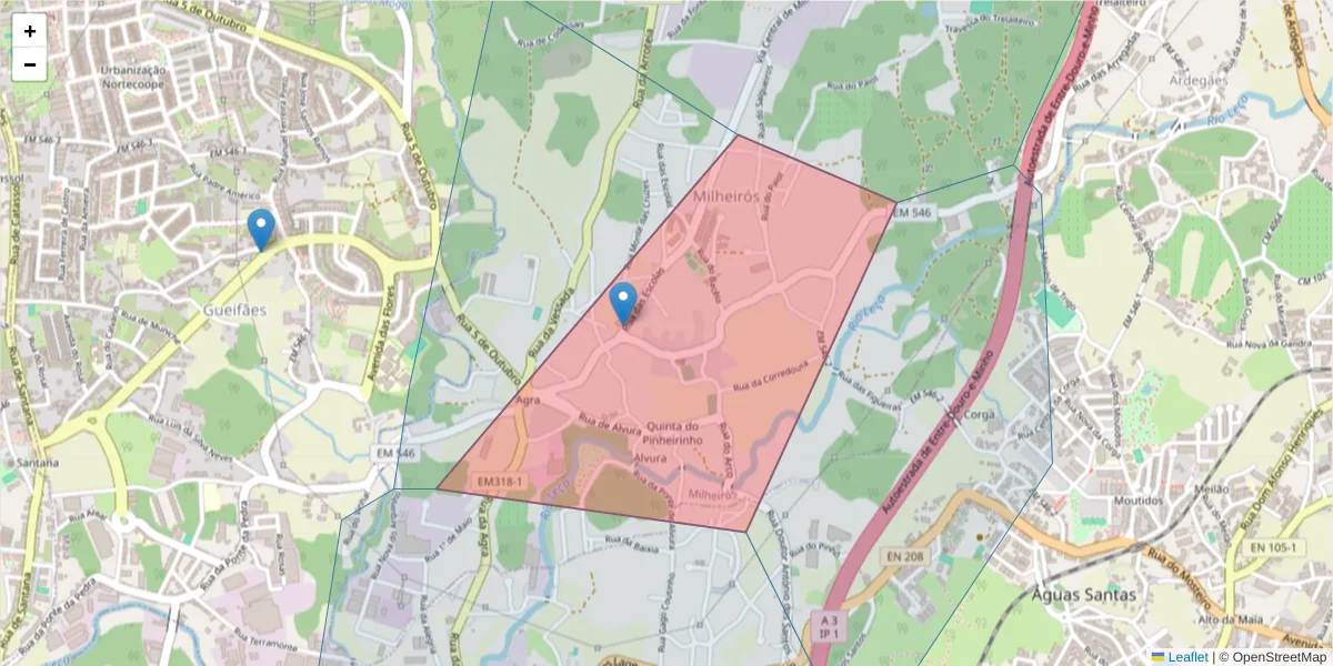 Mapa detalhado do código postal 4475-339 com limites, códigos postais vizinhos e agências dos correios