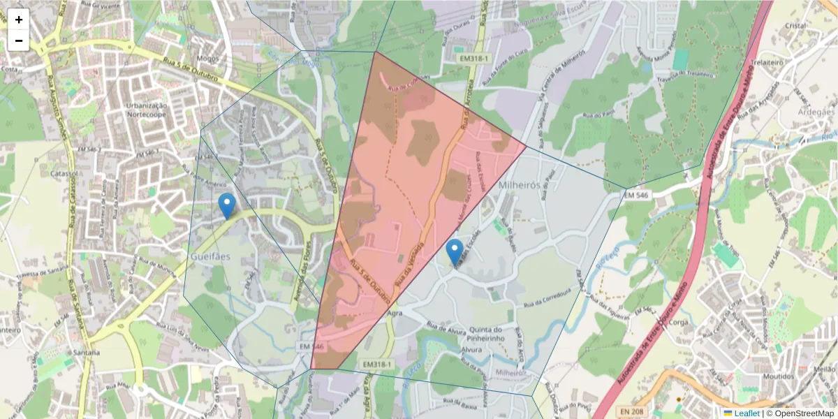 Mapa detalhado do código postal 4475-385 com limites, códigos postais vizinhos e agências dos correios