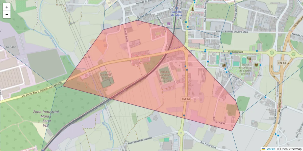 Mapa detalhado do código postal 4475-401 com limites, códigos postais vizinhos e agências dos correios
