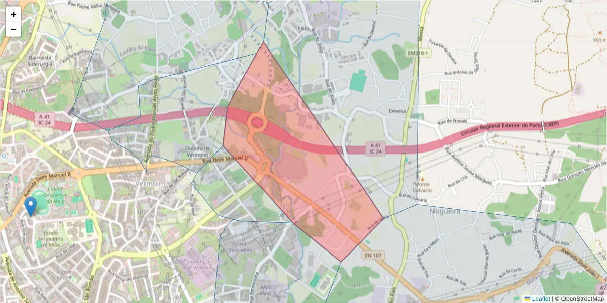 Mapa detalhado do código postal 4475-451 com limites, códigos postais vizinhos e agências dos correios