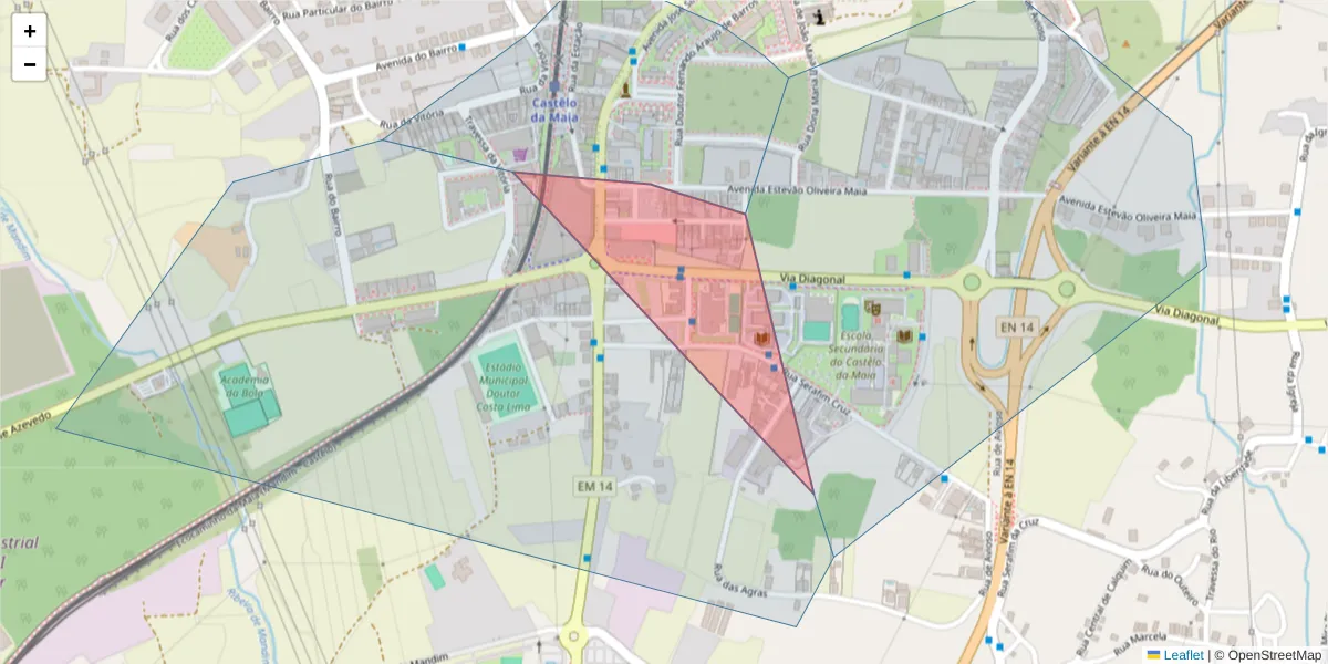Mapa detalhado do código postal 4475-615 com limites, códigos postais vizinhos e agências dos correios