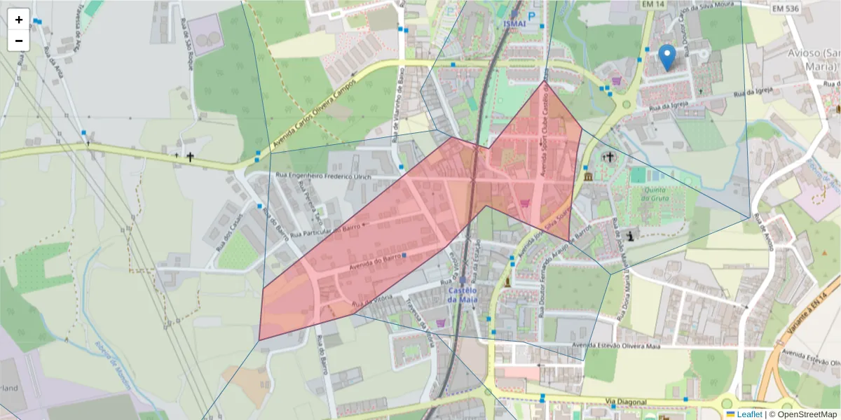 Mapa detalhado do código postal 4475-705 com limites, códigos postais vizinhos e agências dos correios