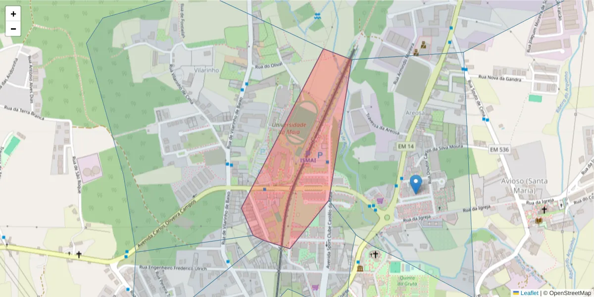 Mapa detalhado do código postal 4475-714 com limites, códigos postais vizinhos e agências dos correios