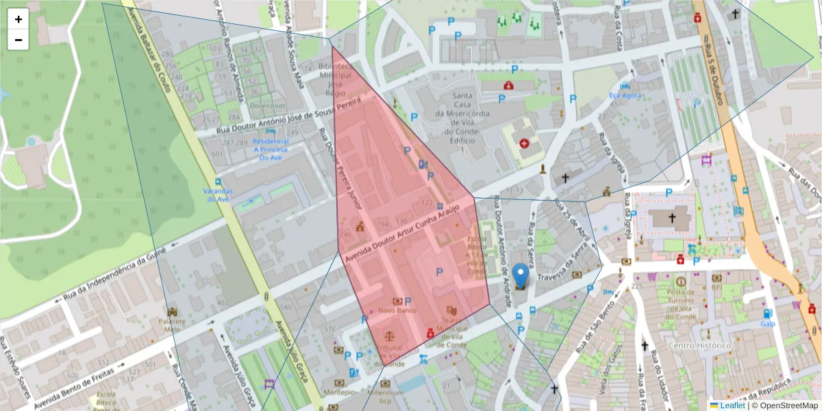 Mapa detalhado do código postal 4480-027 com limites, códigos postais vizinhos e agências dos correios