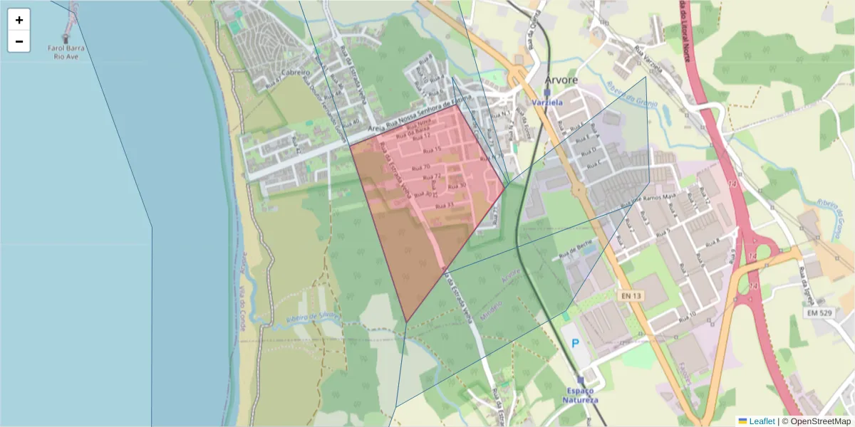 Mapa detalhado do código postal 4480-069 com limites, códigos postais vizinhos e agências dos correios