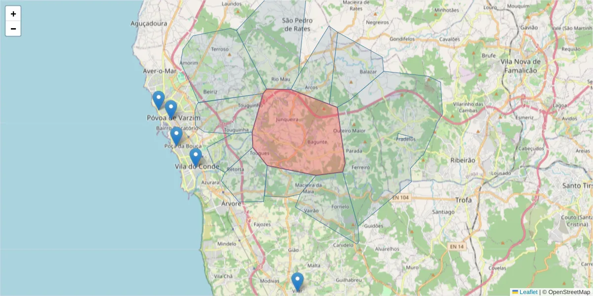 Mapa detalhado do código postal 4480-229 com limites, códigos postais vizinhos e agências dos correios