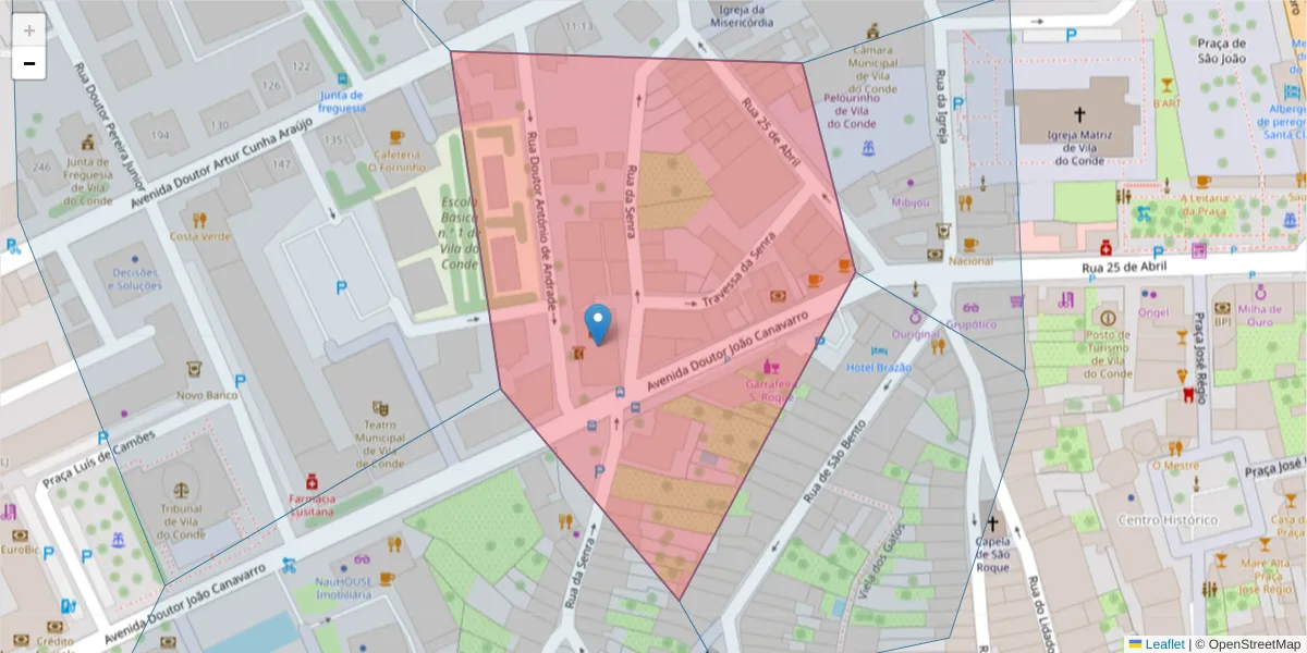 Mapa detalhado do código postal 4480-668 com limites, códigos postais vizinhos e agências dos correios