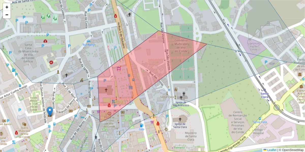 Mapa detalhado do código postal 4480-722 com limites, códigos postais vizinhos e agências dos correios