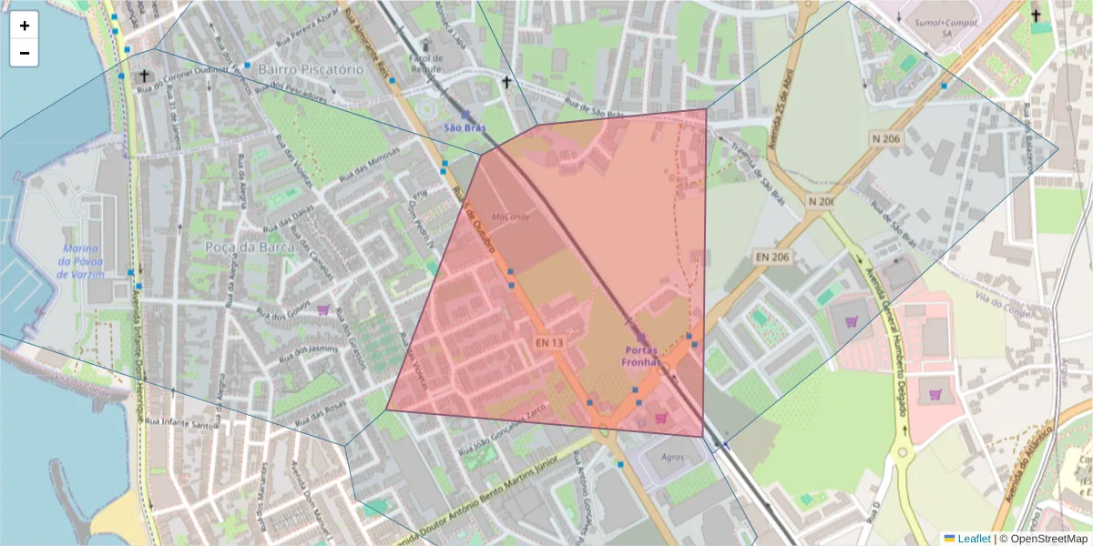 Mapa detalhado do código postal 4480-739 com limites, códigos postais vizinhos e agências dos correios