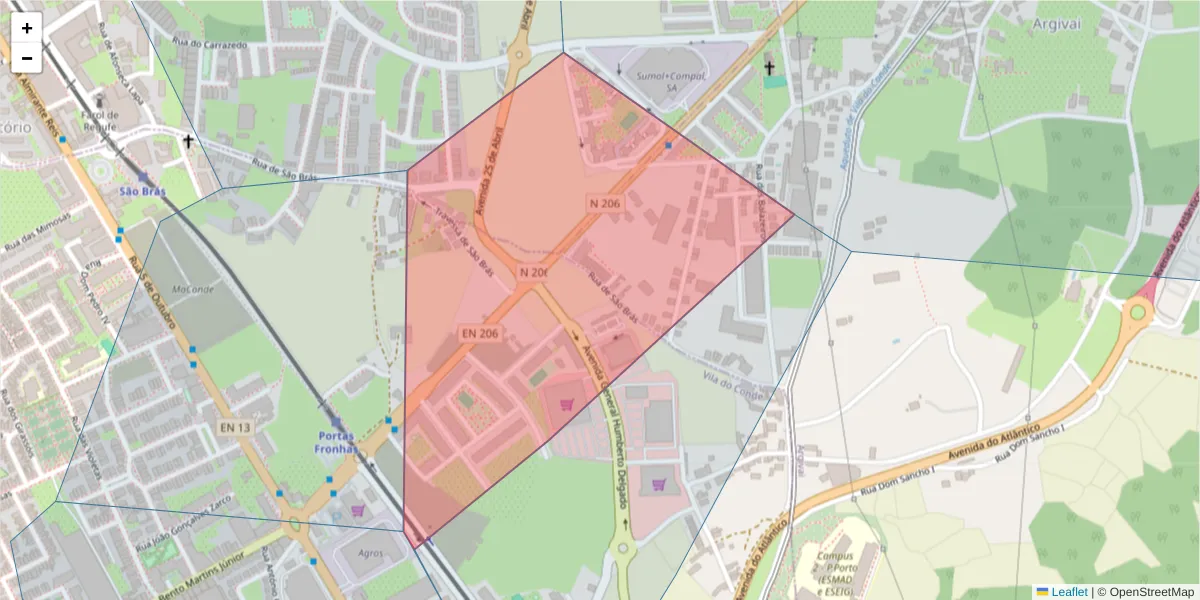 Mapa detalhado do código postal 4480-905 com limites, códigos postais vizinhos e agências dos correios
