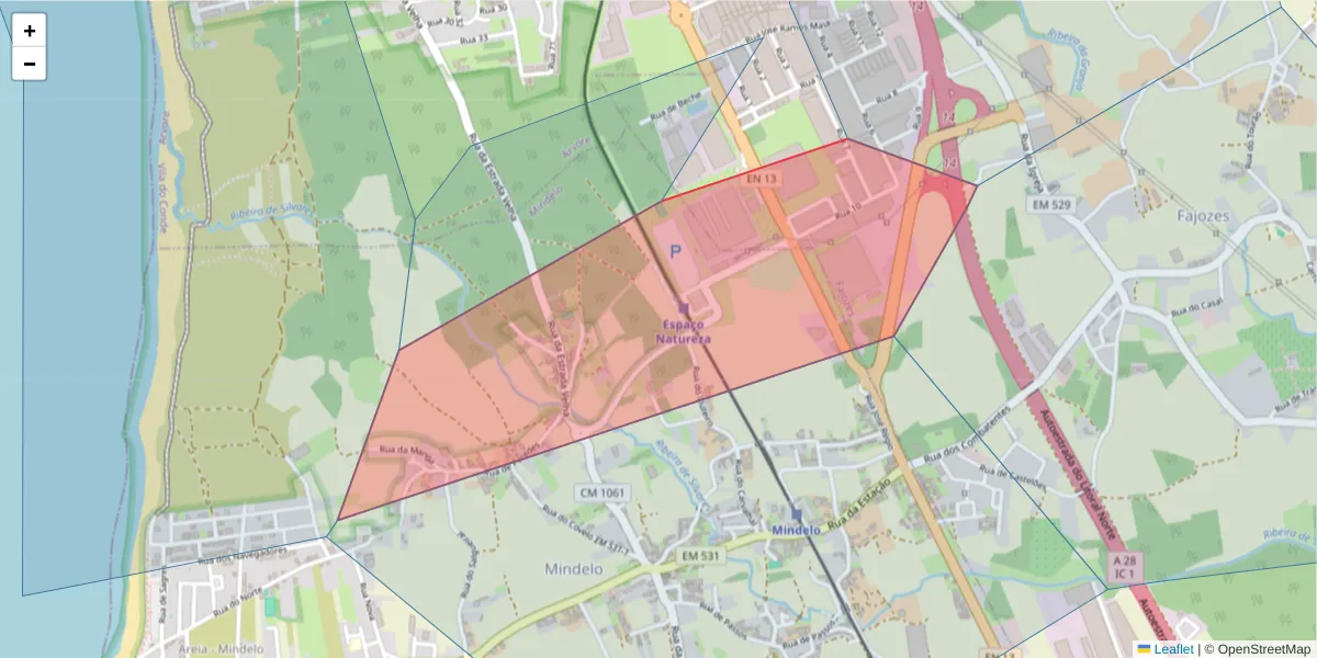 Mapa detalhado do código postal 4485-298 com limites, códigos postais vizinhos e agências dos correios