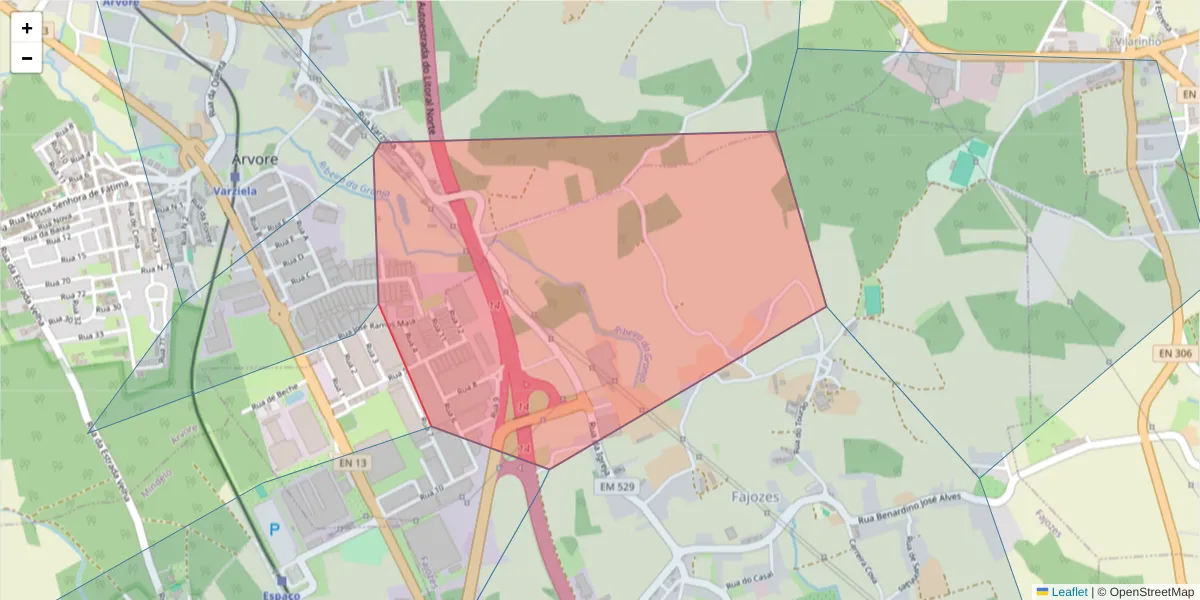 Mapa detalhado do código postal 4485-312 com limites, códigos postais vizinhos e agências dos correios