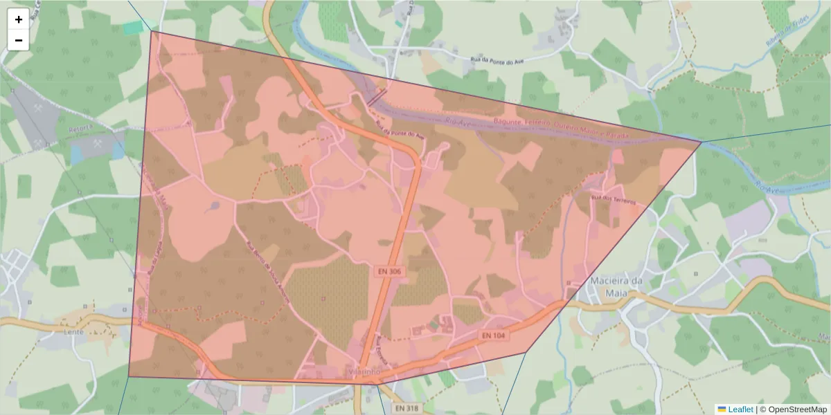 Mapa detalhado do código postal 4485-408 com limites, códigos postais vizinhos e agências dos correios