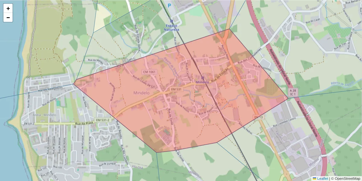 Mapa detalhado do código postal 4485-486 com limites, códigos postais vizinhos e agências dos correios