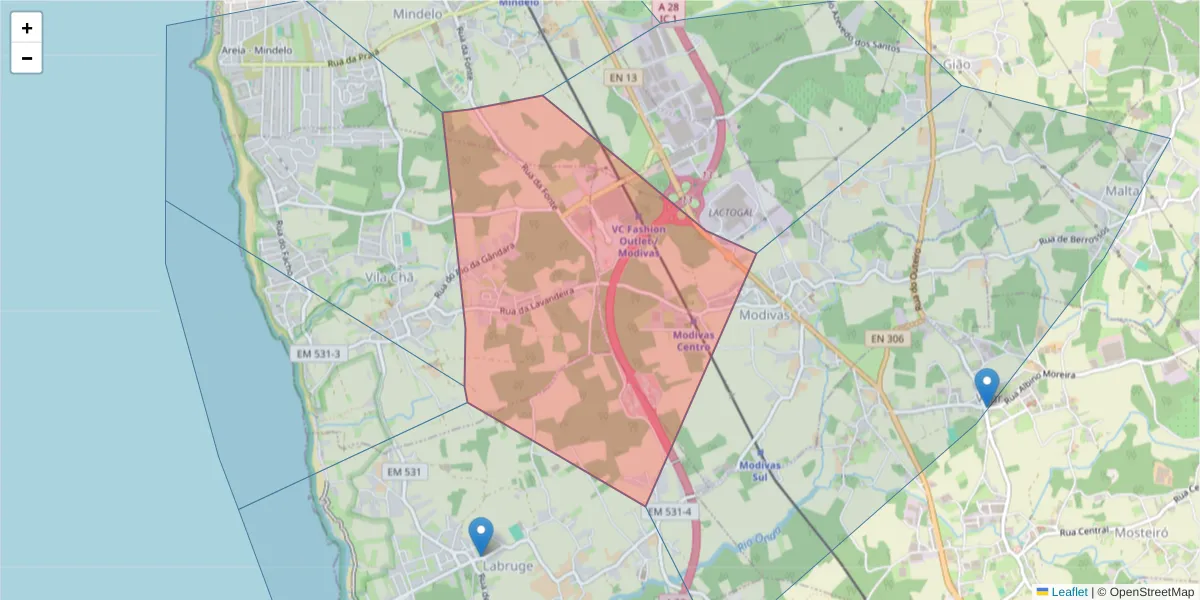 Mapa detalhado do código postal 4485-592 com limites, códigos postais vizinhos e agências dos correios