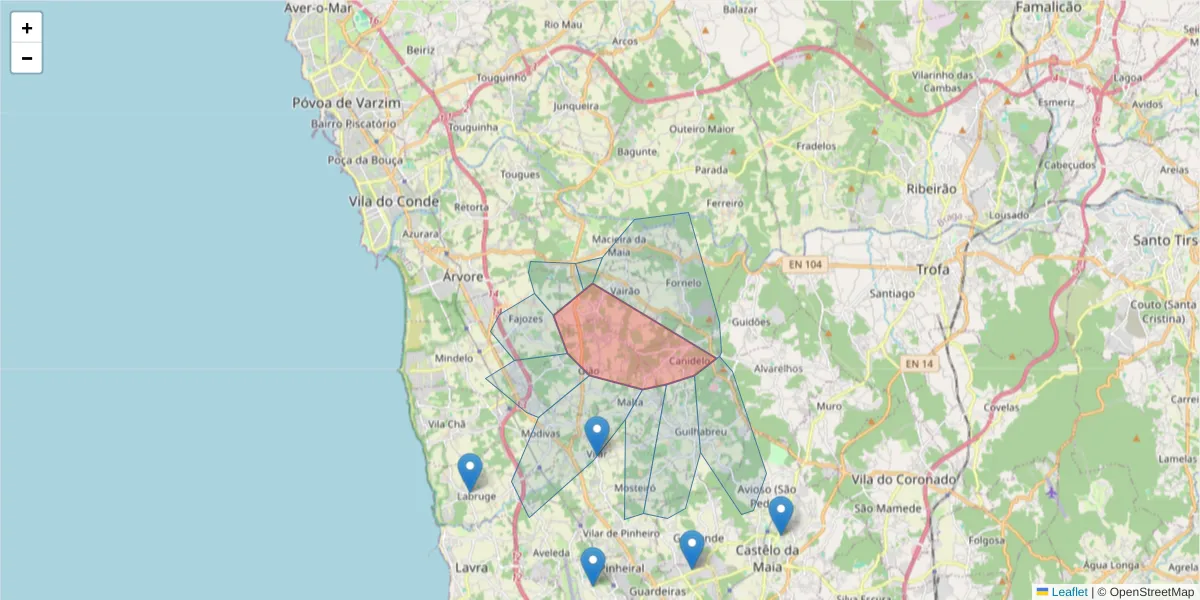 Mapa detalhado do código postal 4485-661 com limites, códigos postais vizinhos e agências dos correios