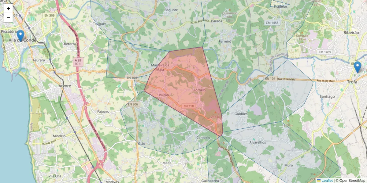 Mapa detalhado do código postal 4485-662 com limites, códigos postais vizinhos e agências dos correios