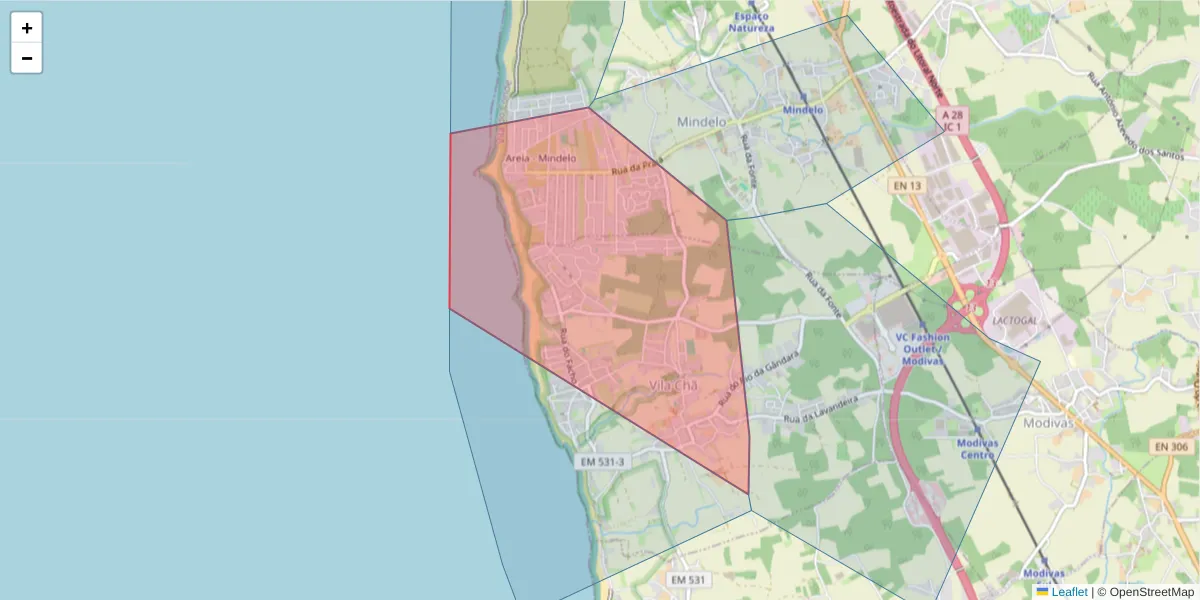 Mapa detalhado do código postal 4485-743 com limites, códigos postais vizinhos e agências dos correios