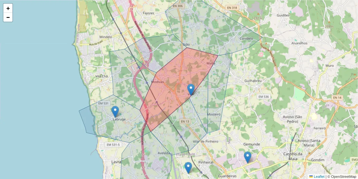 Mapa detalhado do código postal 4485-766 Vilar com limites, códigos postais vizinhos e agências dos correios