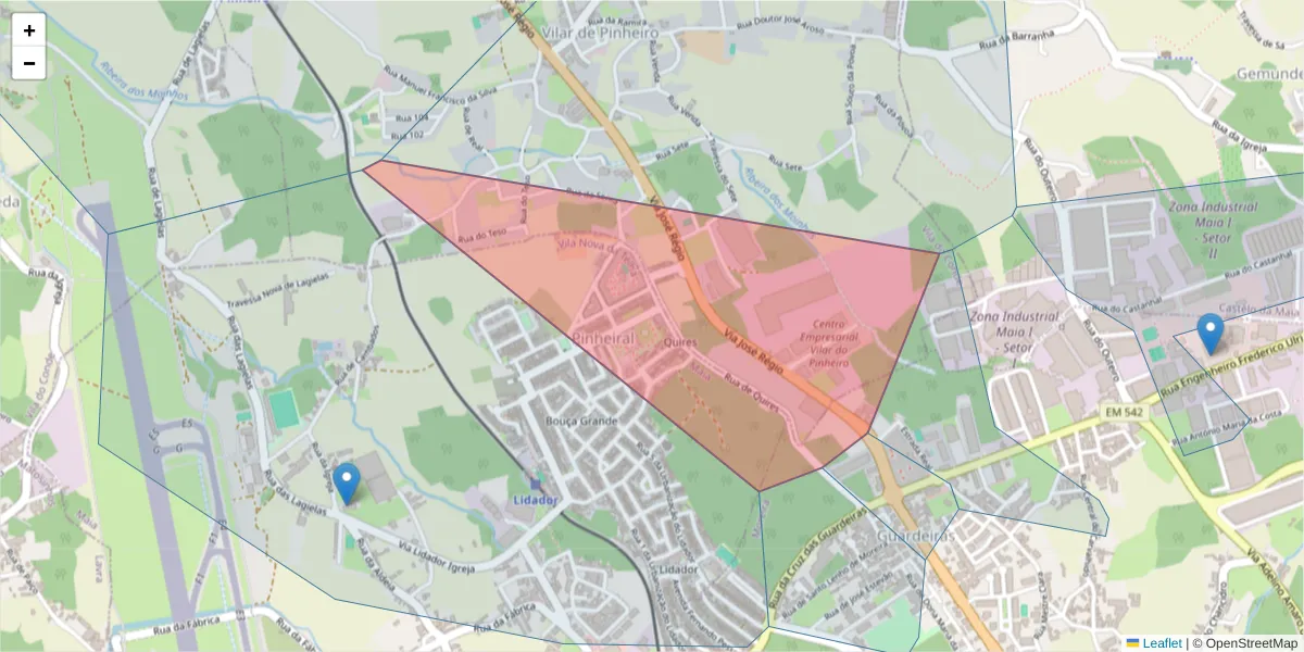 Mapa detalhado do código postal 4485-860 com limites, códigos postais vizinhos e agências dos correios