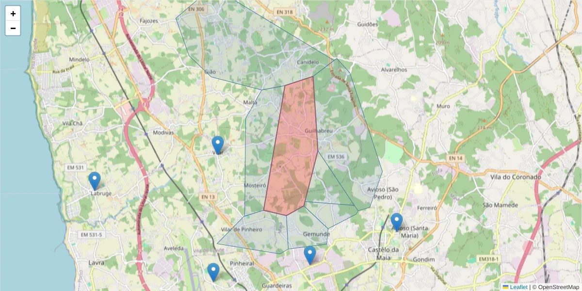 Mapa detalhado do código postal 4485-908 com limites, códigos postais vizinhos e agências dos correios