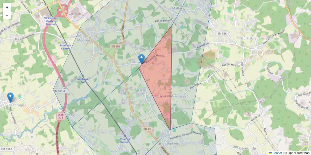 Mapa detalhado do código postal 4485-933 com limites, códigos postais vizinhos e agências dos correios