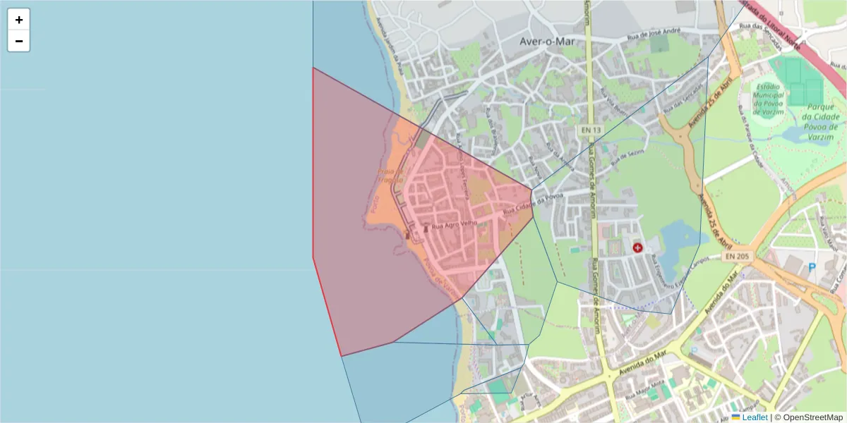 Mapa detalhado do código postal 4490-013 com limites, códigos postais vizinhos e agências dos correios