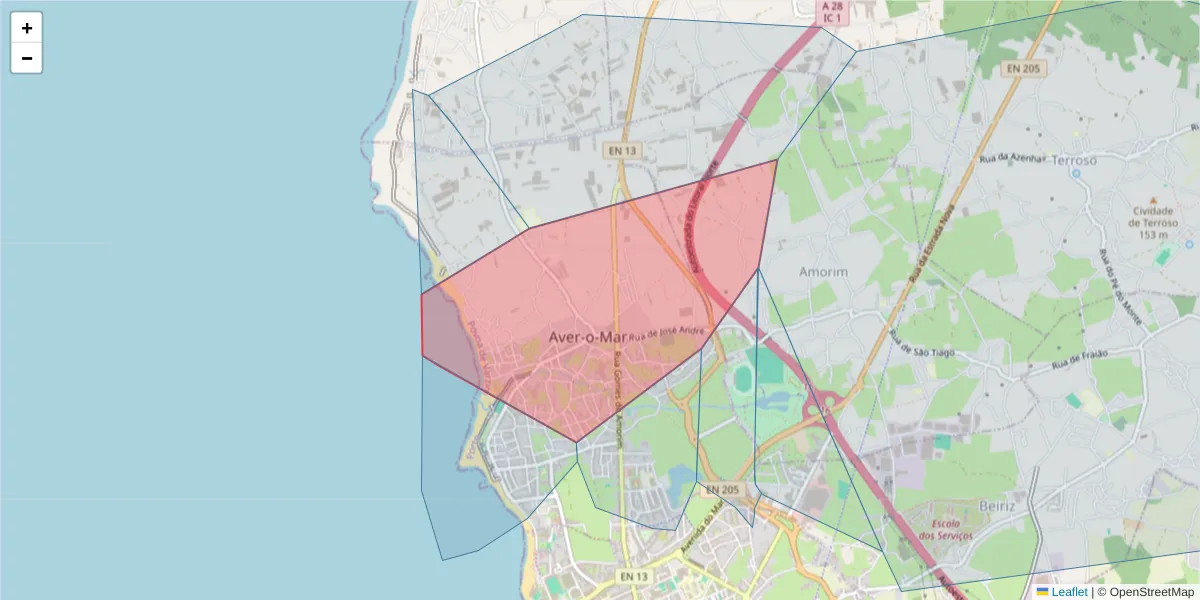 Mapa detalhado do código postal 4490-042 com limites, códigos postais vizinhos e agências dos correios