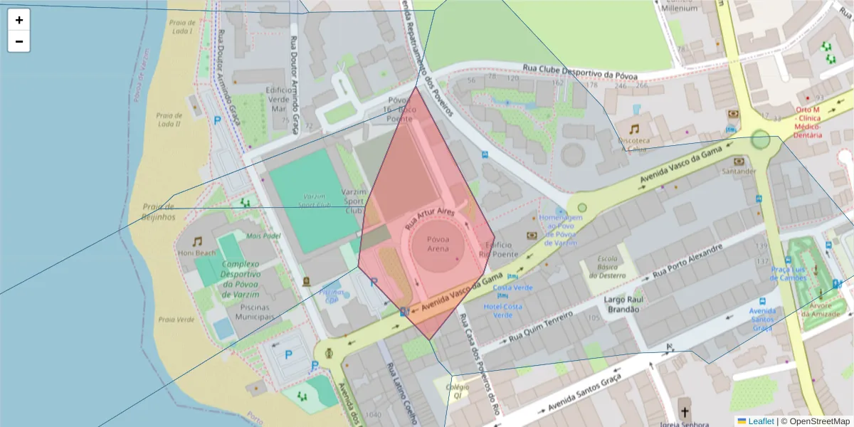 Mapa detalhado do código postal 4490-144 com limites, códigos postais vizinhos e agências dos correios