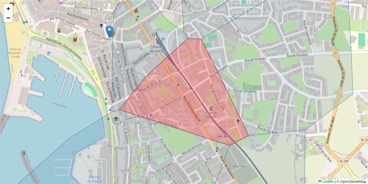 Mapa detalhado do código postal 4490-269 com limites, códigos postais vizinhos e agências dos correios