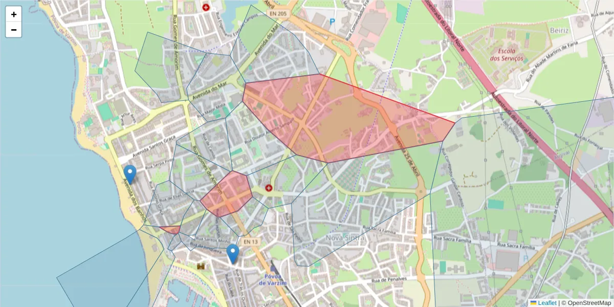 Mapa detalhado do código postal 4490-409 com limites, códigos postais vizinhos e agências dos correios