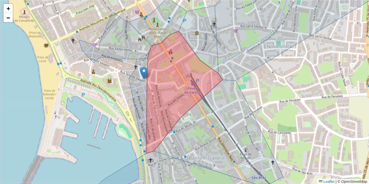 Mapa detalhado do código postal 4490-438 com limites, códigos postais vizinhos e agências dos correios
