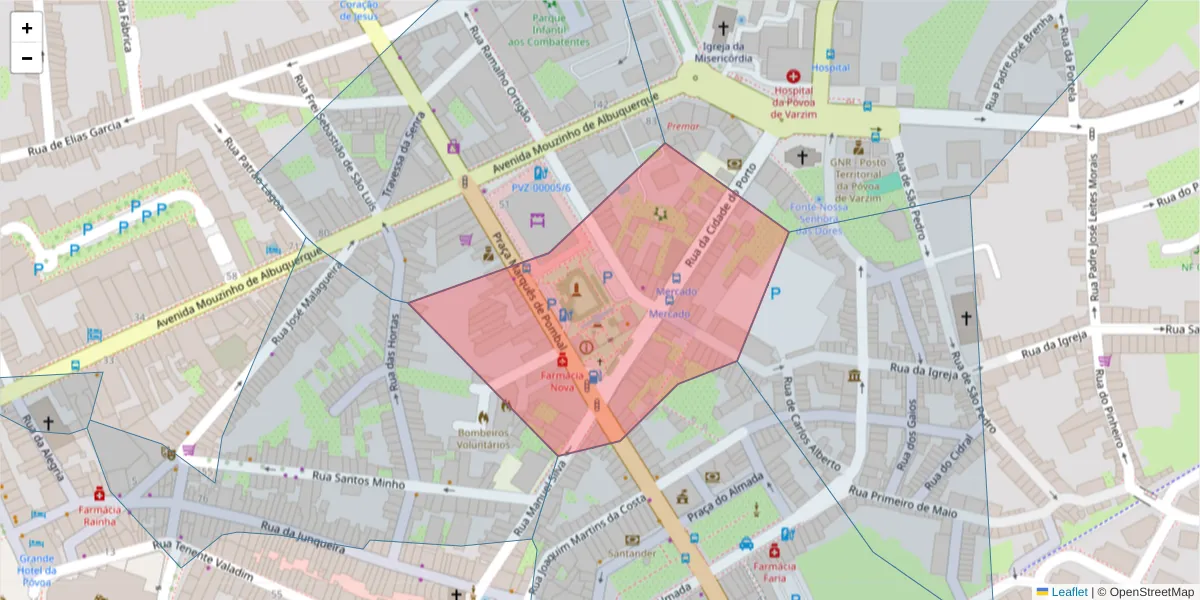 Mapa detalhado do código postal 4490-442 com limites, códigos postais vizinhos e agências dos correios