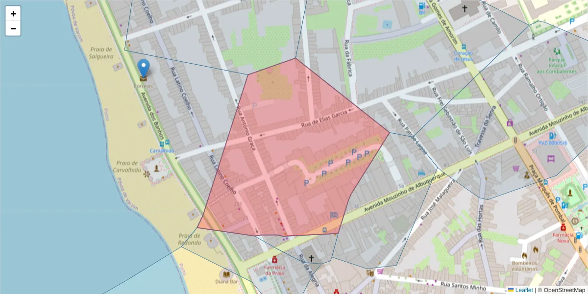 Mapa detalhado do código postal 4490-471 com limites, códigos postais vizinhos e agências dos correios
