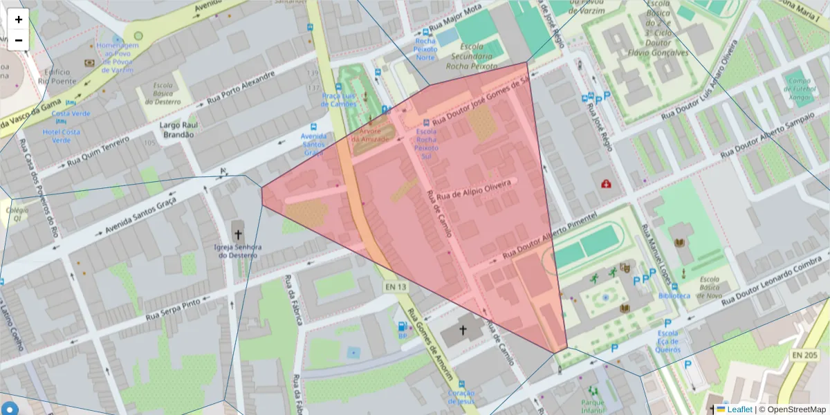 Mapa detalhado do código postal 4490-485 com limites, códigos postais vizinhos e agências dos correios