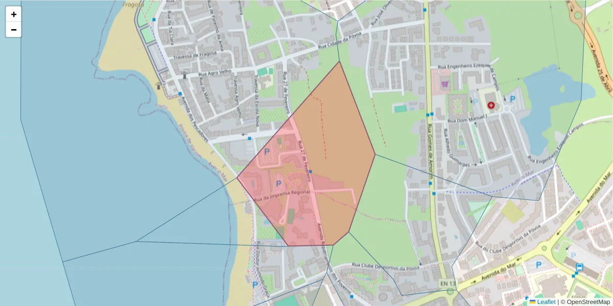 Mapa detalhado do código postal 4490-518 com limites, códigos postais vizinhos e agências dos correios