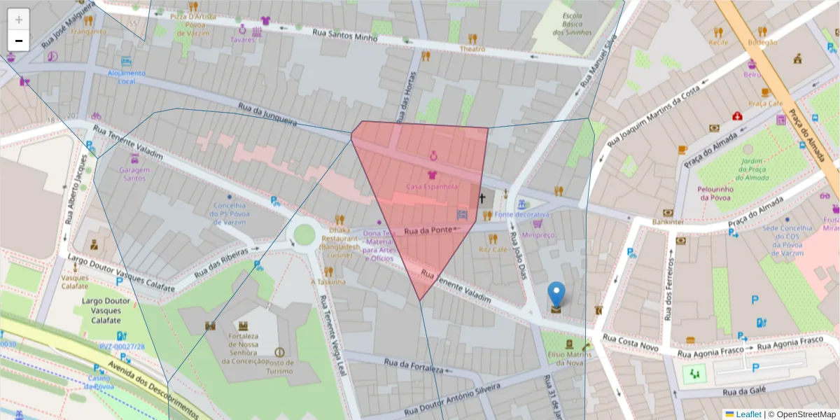 Mapa detalhado do código postal 4490-523 com limites, códigos postais vizinhos e agências dos correios