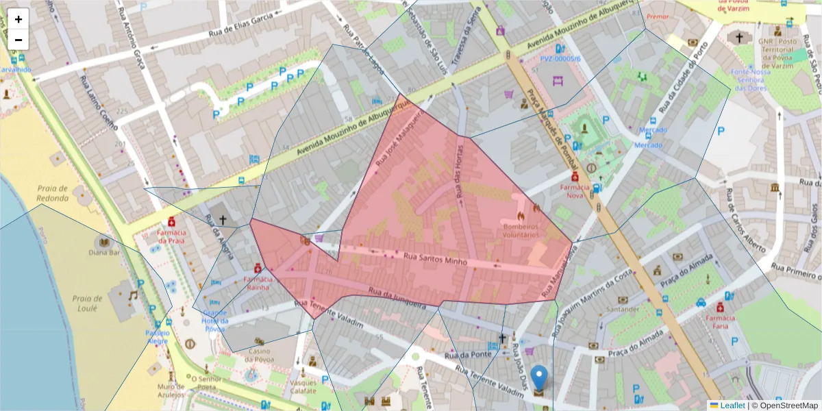 Mapa detalhado do código postal 4490-549 com limites, códigos postais vizinhos e agências dos correios