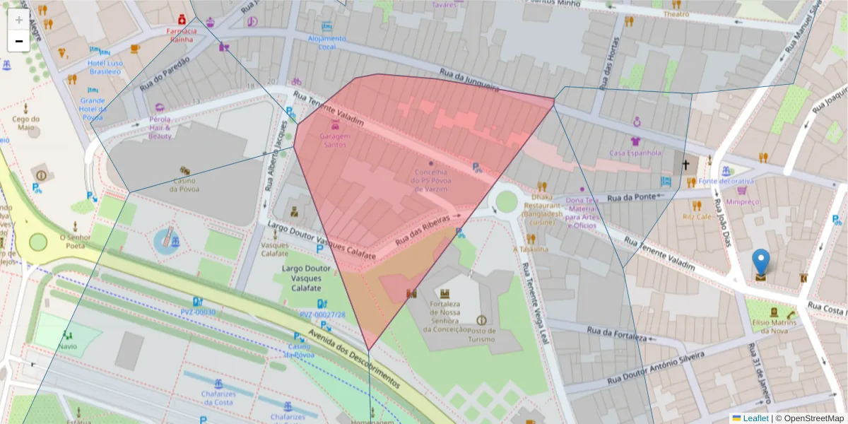 Mapa detalhado do código postal 4490-585 com limites, códigos postais vizinhos e agências dos correios