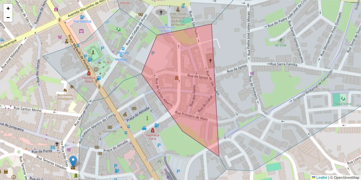 Mapa detalhado do código postal 4490-589 com limites, códigos postais vizinhos e agências dos correios